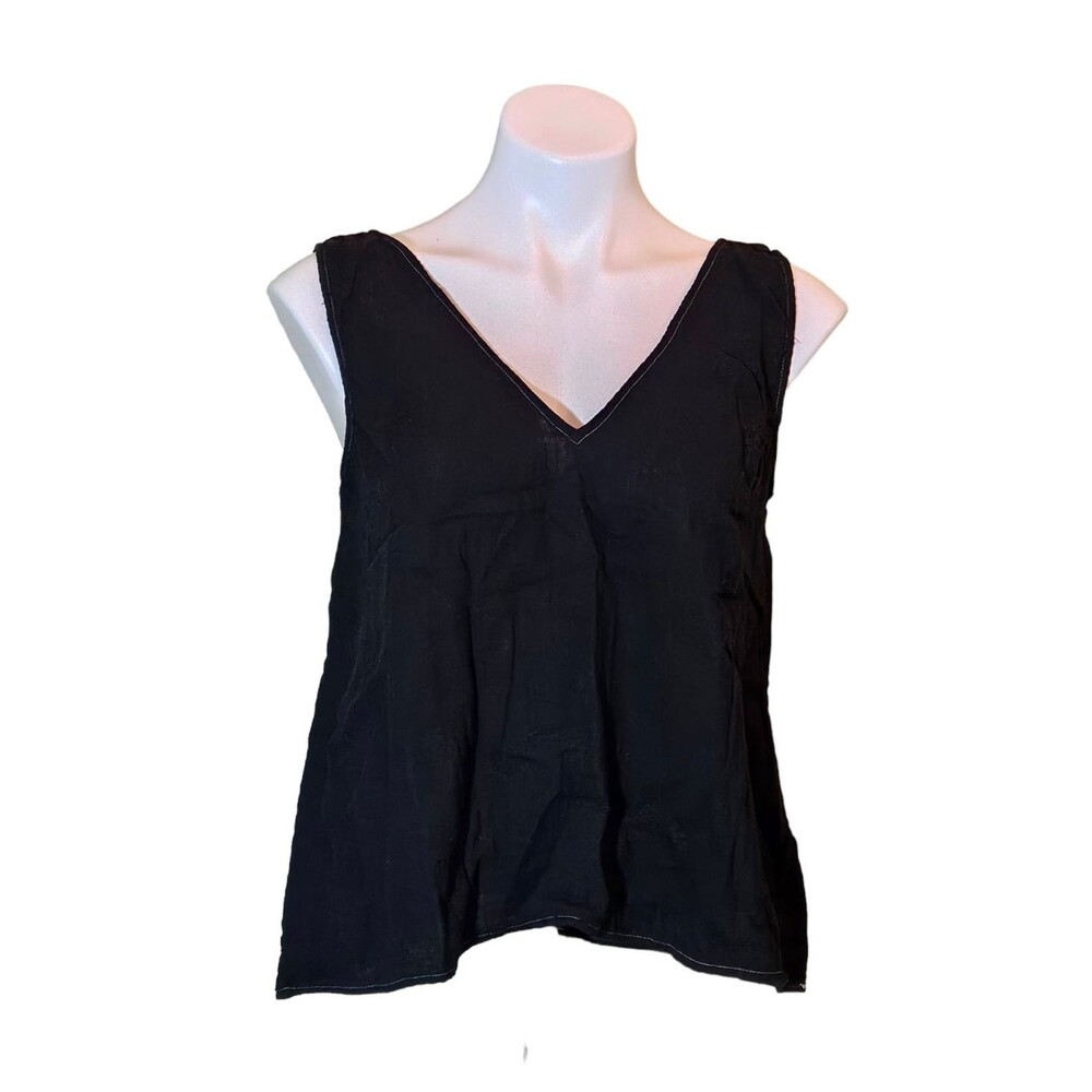 Calme Johnny Was Sleeveless V-Neck Draped Tank Top Cotton Black Size Medium
